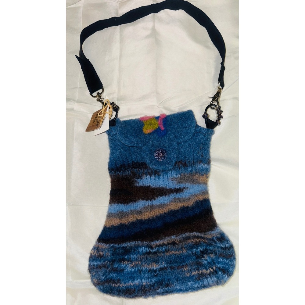 Handmade Felted Wool Blue Striped Crossbody Bag Unique Artisan‎ Purse